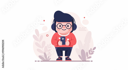 A child with headphones and glasses holds a phone, surrounded by abstract plant elements