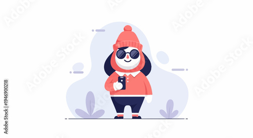 A cartoon character wearing a coral hat, sunglasses, and sweater holds a smartphone