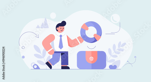 Stylized person in suit holding a lifebuoy near a briefcase amidst abstract shapes