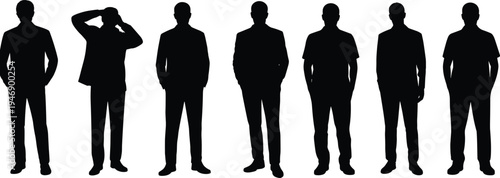 Silhouette men in suits standing, formal attire, business posture, body language illustration, corporate design, artistic shadow figures, professional character modeling