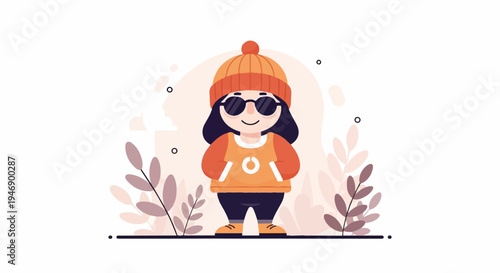 A cartoon person in an orange hat and sunglasses, surrounded by stylized plants
