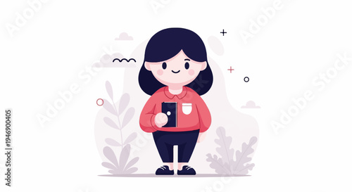 Cute stylized girl holding a book, with playful shapes and plants in the background