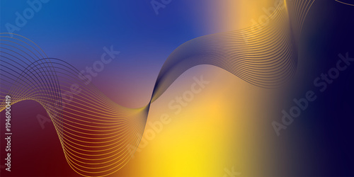 Radiant marron, yeallow, and navy blue light waves bending smoothly across a deep shadowed backdrop filled with shimmering micro sparkles, modern futuristic technology theme, vector illustration.