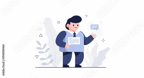 Cheerful businessman holding a document and gesturing with a speech bubble