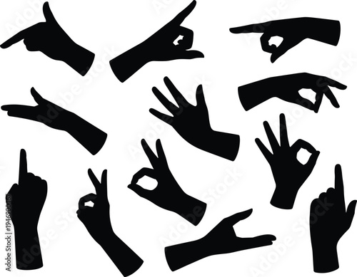 Silhouette hands making gestures, pointing signs, peace symbol, OK sign, expressive communication, nonverbal language, artistic illustration, design, abstract background