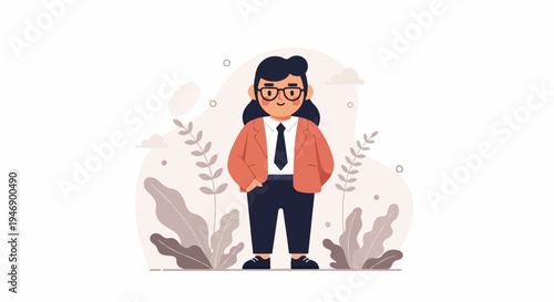 Stylized cartoon person in formal wear with plants and abstract shapes