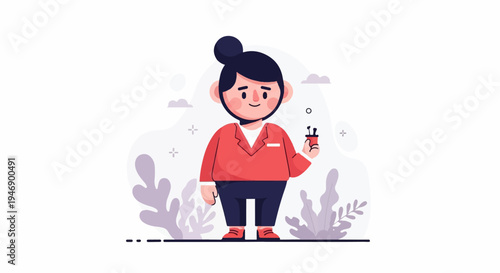 Cartoon character in red blazer holding small golf club set, against abstract plant background
