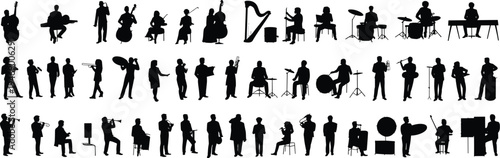 Silhouette orchestra musicians playing instruments, diverse band ensemble, conductor, violin cello trumpet drums piano saxophone harp clarinet artistic illustration design