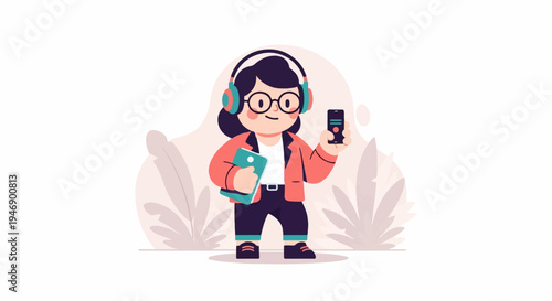 A cartoon person with headphones and glasses holding a phone and a book