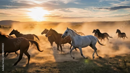 Horses Running in a Dusty Field.