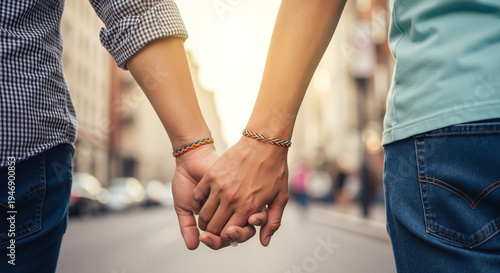 Two affectionate men holding hands with subtle rainbow bracelets walking on a blurred city street