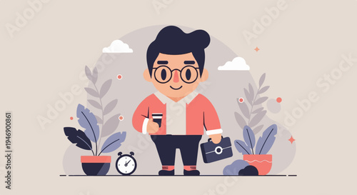 A cartoon person with glasses, holding a cup, and carrying a briefcase