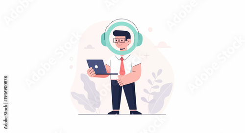 Person with headset holding laptop, surrounded by abstract plants and clouds