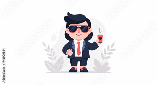 A cartoon figure in a suit and sunglasses holds a hot beverage