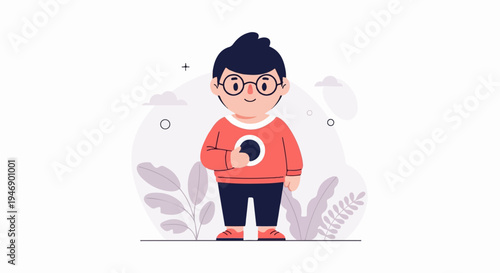 Cartoon boy with round glasses and orange sweater, standing near stylized plants and clouds