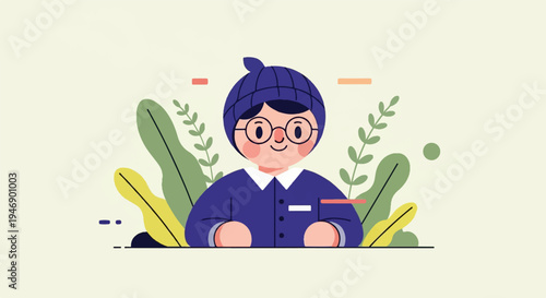 A cheerful, round-faced person wearing a blue beanie and glasses, surrounded by whimsical plants