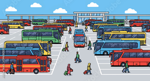 Isometric Pixel Art Illustration of a Bustling Bus Station Terminal with Arriving and Departing Coaches and Traveling Passengers Amidst a Vibrant Urban Transportation Hub