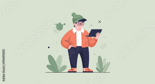 Person in beanie and orange jacket looking at laptop amidst abstract shapes and plants