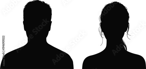 Two human silhouettes, male and female profiles, diversity concept, people outline illustration, identity design, gender contrast, teamwork vector art graphic