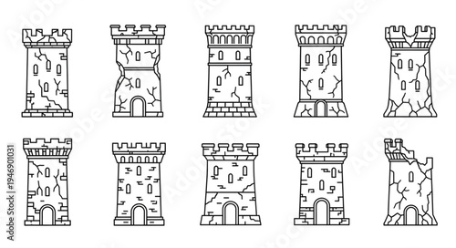 Collection of Medieval Stone Towers with Battlements and Arched Entrances.