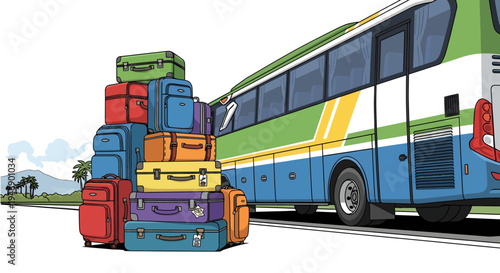A tall stack of colorful luggage sits next to a bus on a road, ready for a trip
