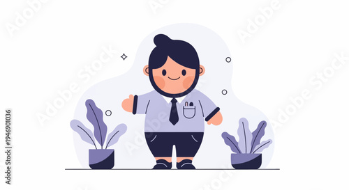 Cheerful cartoon person in business attire, thumbs up, with potted plants