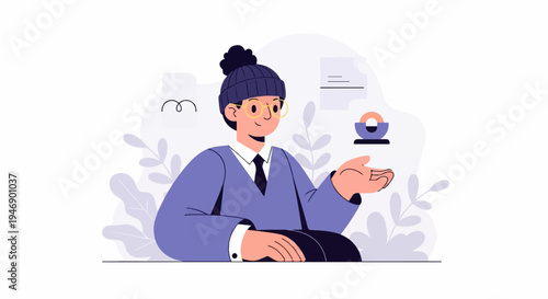 Animated person in beanie and glasses gestures with open hand near abstract plants