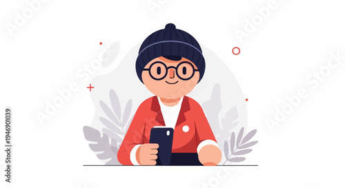 Minimalist illustration of a person in a beanie and glasses, holding a smartphone, with subtle floral background elements