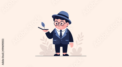 Stylized character in a suit and hat holds a book with a leaf