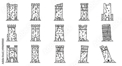 Collection of Stone Towers - Architectural Sketches and Fortress Designs.