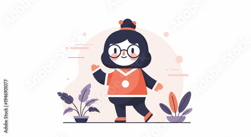 Cheerful cartoon character with glasses and hair buns waves hello amidst potted plants