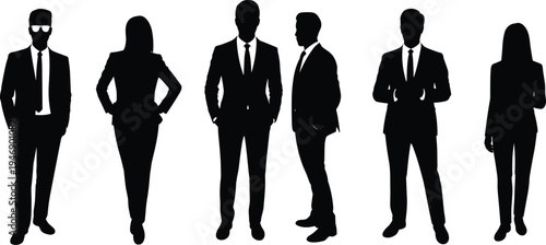 Business team silhouettes, corporate professionals, office workers, men and women in suits, teamwork concept, leadership illustration, company staff vector design