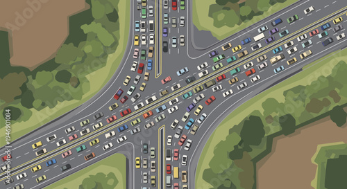 A busy traffic jam on a highway interchange during peak hour with cars backed up for miles