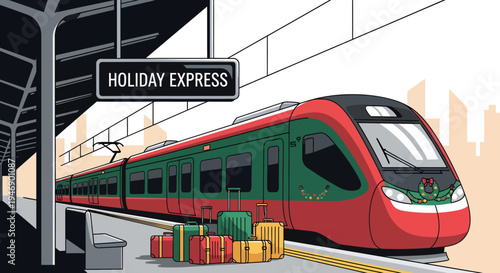 Modern express train adorned with festive colors awaits travelers and their luggage at a bustling city station platform, signaling the start of a delightful holiday journey