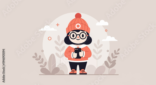 A cartoon girl in a winter hat holds a phone, surrounded by stylized foliage and clouds