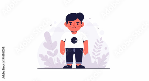 A cheerful cartoon boy stands in a minimal garden setting with abstract plants