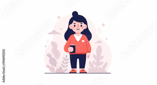 A cartoon girl with dark hair in a bun, wearing a coral sweater, dark pants, and red shoes, holds a smartphone