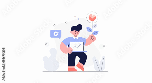 Cheerful person holding laptop with growth chart, tending to a budding flower