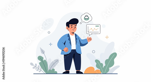 A man in a blue jacket, thinking about a secure investment with a graph