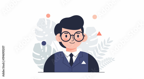 Stylized professional with dark hair, glasses, and a blue suit, set against a backdrop of abstract foliage