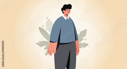 A stylized figure stands against a textured, light-colored background with muted floral elements