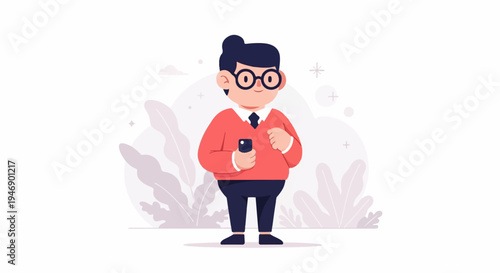 Cheerful cartoon person wearing glasses, a sweater, and tie, holding a smartphone