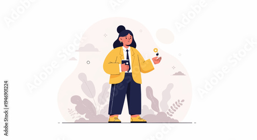 Woman in yellow blazer holding coffee and a lightbulb idea