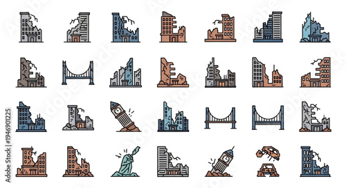 Collection of Damaged Cityscapes and Infrastructure Icons.