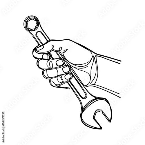 Logo men at work. Dibujo sencillo con línea continua de una mano sujetando una llave inglesa