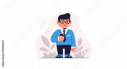 Cartoon man in blue suit holding smartphone, surrounded by abstract floral shapes