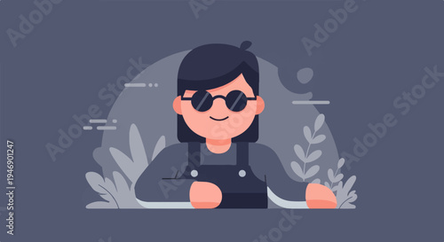 Flat illustration of a person with dark hair, sunglasses, and overalls in a stylized natural setting