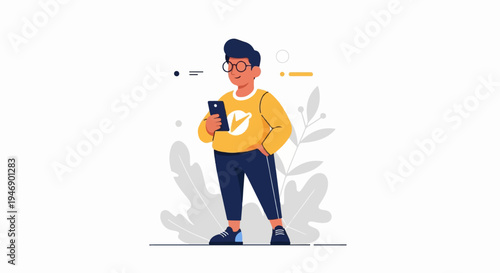 A person wearing glasses and a yellow sweater looks at a phone