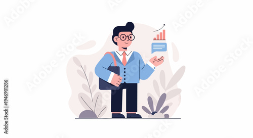 A man in a suit, with a briefcase, gestures towards a bar chart with an upward trend