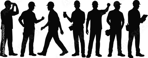 Silhouette of construction workers in hard hats, industrial teamwork, engineering roles, safety concept, occupational diversity, building site illustration design